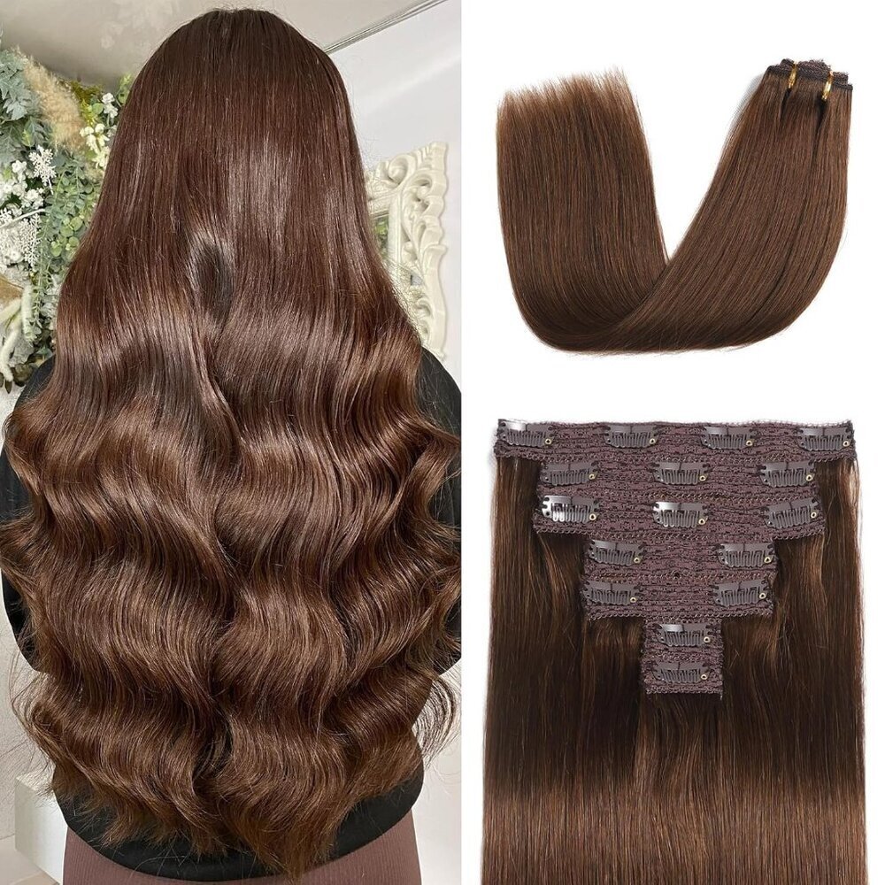 Human Hair Clip in Extensions 14 Inch Straight Chocolate Brown 7pcs 70g